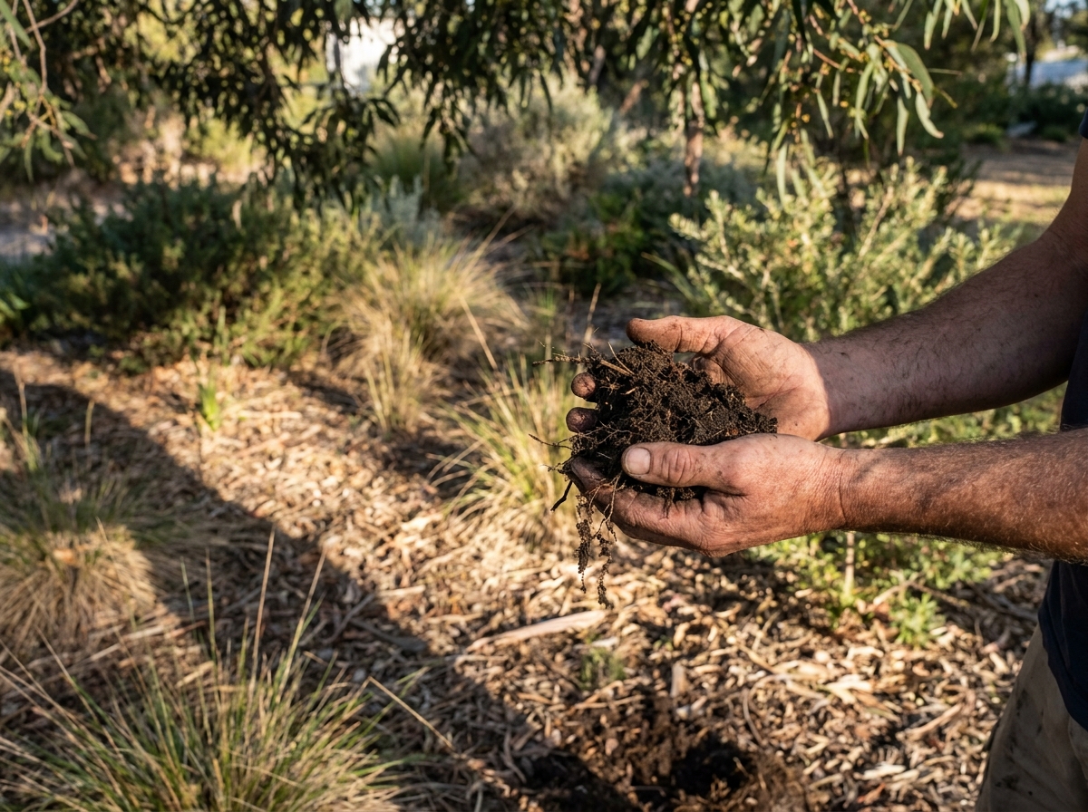 Two hands holding a little garden soil above a mulched native garden bed, in dappled sun and shade.