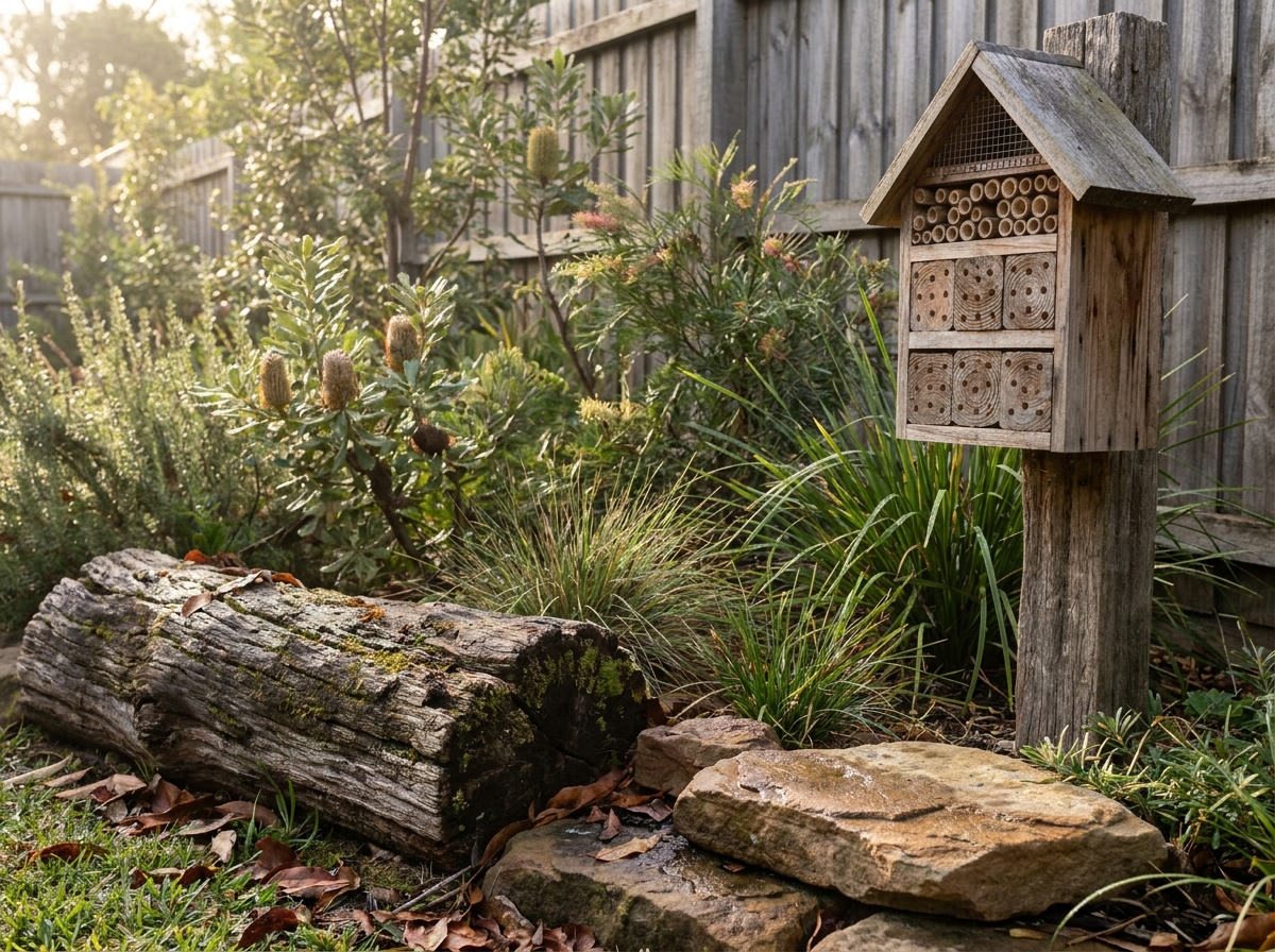 A garden corner with an old log, flat sandstone rocks, leaf litter and a timber bee hotel on a post among native plants.