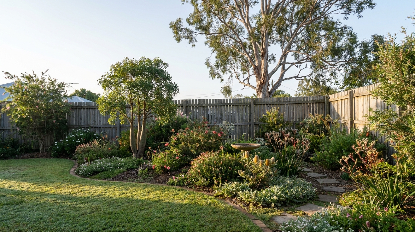 A backyard where half the lawn has become layered native beds along a timber fence, with a small tree, flowering shrubs, groundcovers and a bird bath.