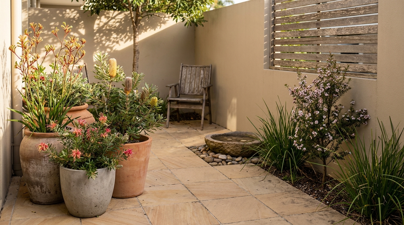 A paved courtyard with flowering native plants in large pots, a narrow bed of strappy plants along the wall, a shallow water dish on pebbles and a timber chair.