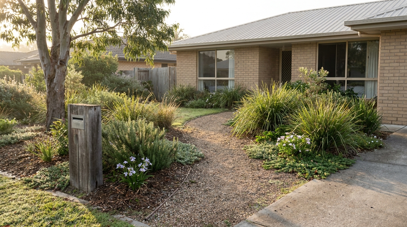 The front yard of a low brick house, with native grasses, shrubs and groundcovers along a gravel path, a timber letterbox and a young tree.