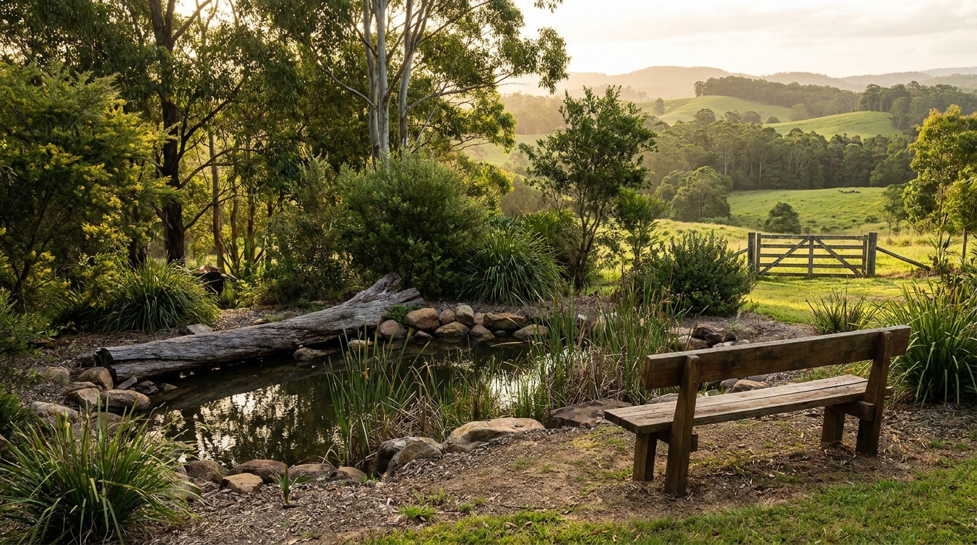 A natural-looking pond edged with rocks, reeds and an old log beside a timber bench, with trees, a farm gate and green hills beyond.