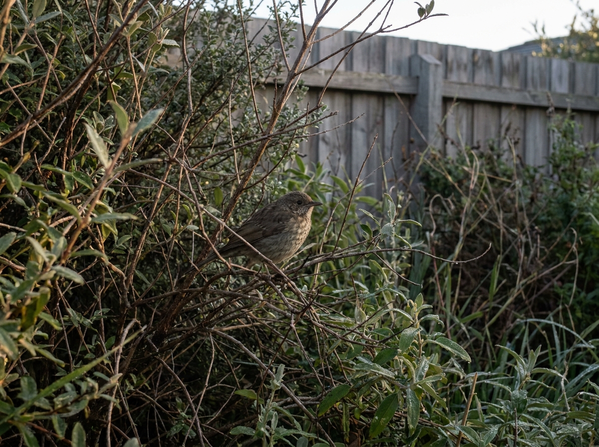 A small brown bird half hidden among the twigs of a dense shrub beside a timber fence.