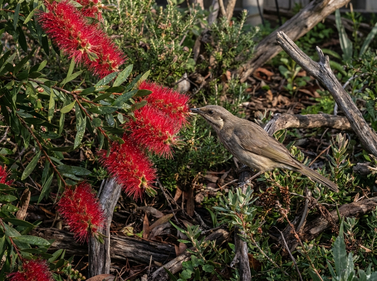 A brown bird feeding at red brush-shaped flowers among garden shrubs and fallen branches.