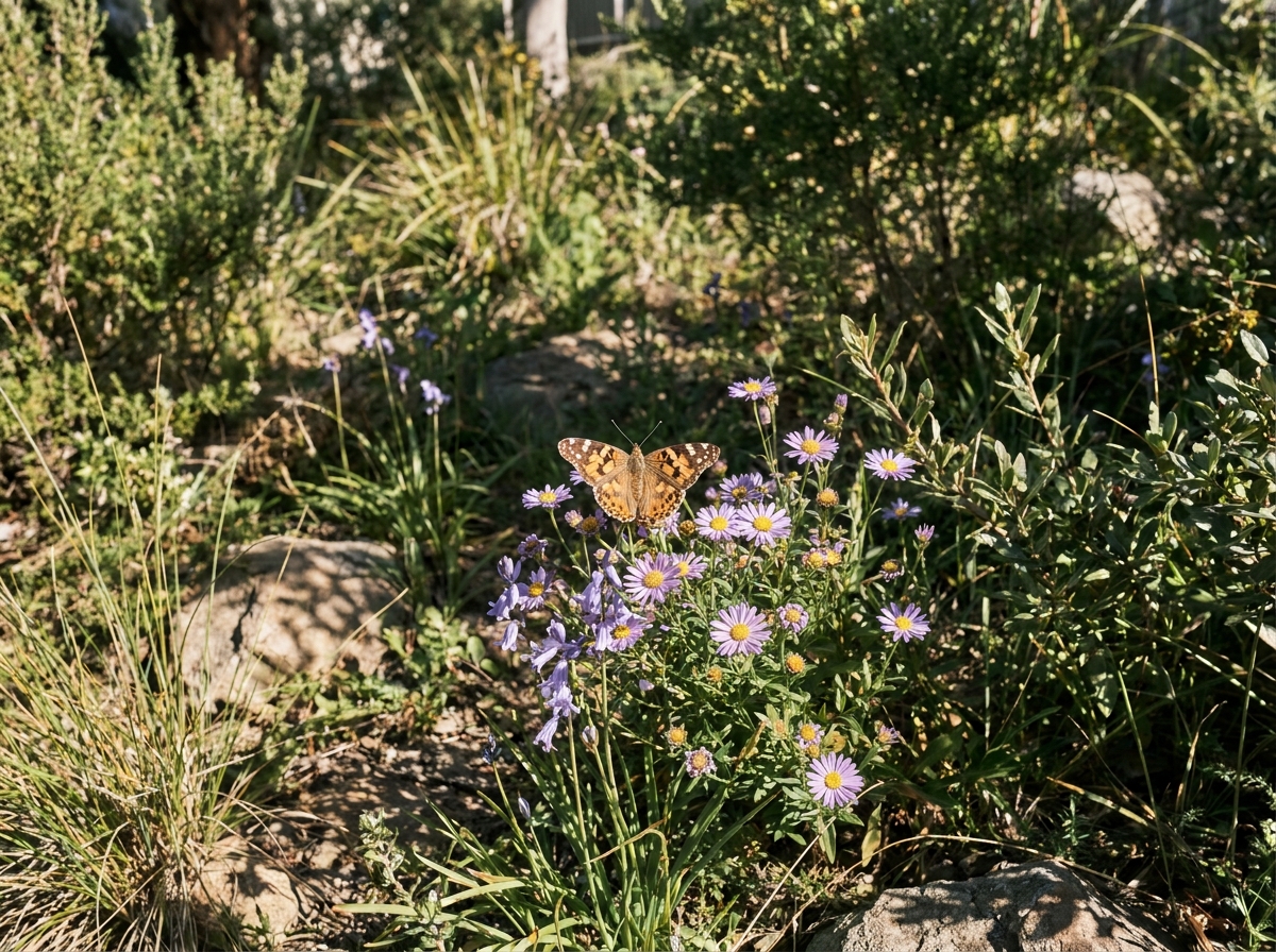 An orange and black butterfly on mauve daisy-like flowers in a sunny garden bed.