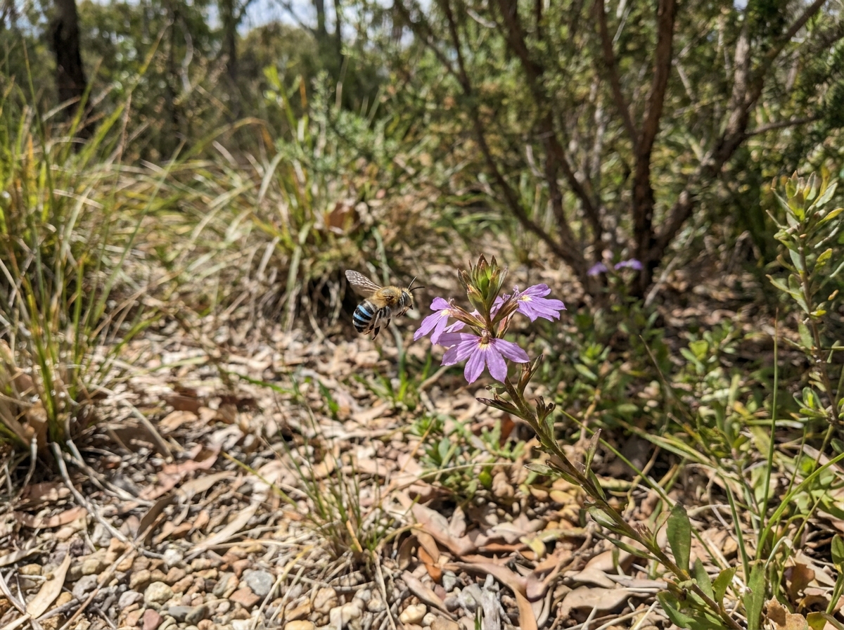 A bee with a blue-banded body flying beside a mauve flower in a garden bed.