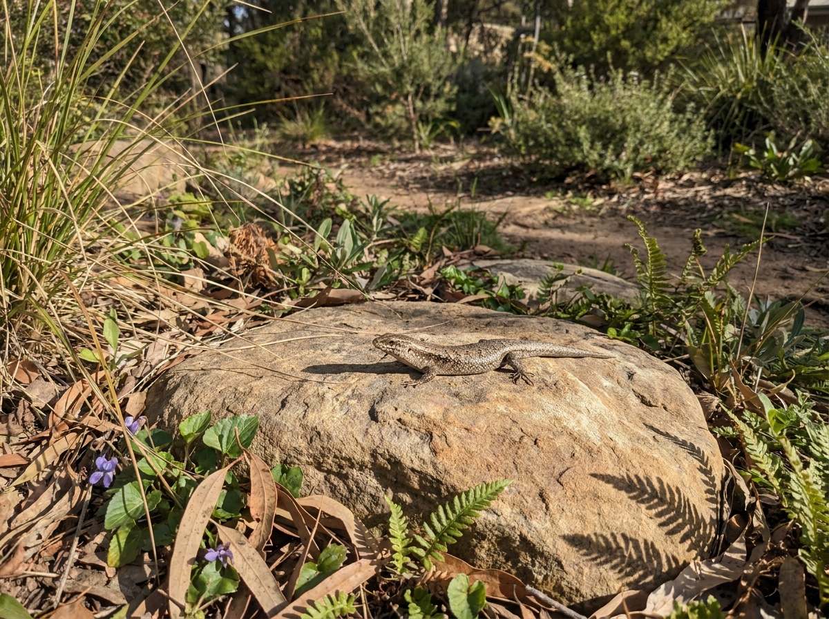 A small lizard basking on a flat sandstone rock among ferns, small purple flowers and leaf litter.