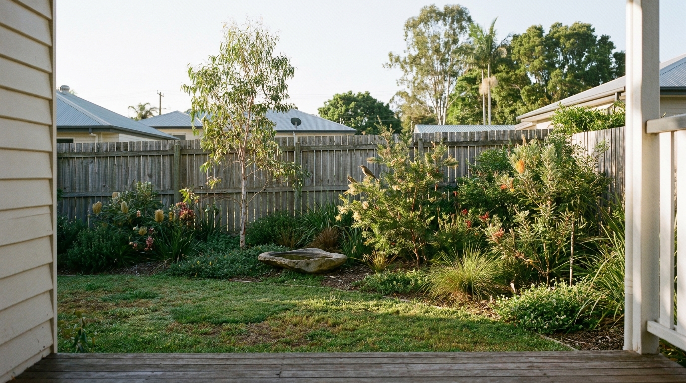 A suburban backyard in early morning light, seen from the veranda: native shrubs, grasses and a slim young tree along a timber fence, a stone bird bath, and a small bird on a shrub.
