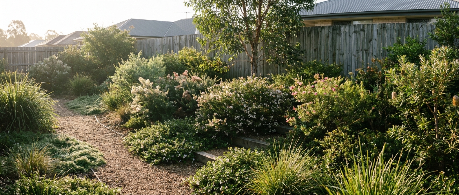 A layered native garden stepping down from a small tree and flowering shrubs to grasses and groundcover beside a gravel path.