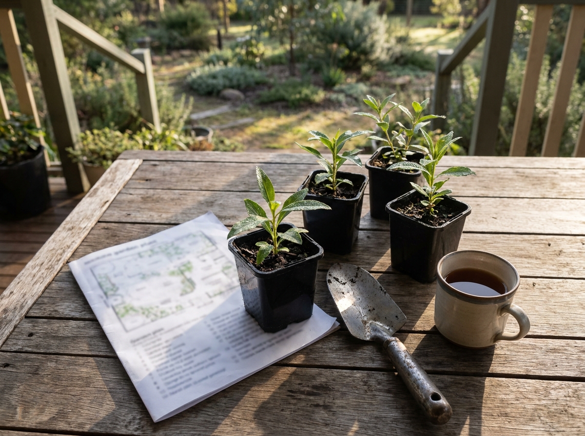 A printed garden plan on an outdoor timber table beside native seedlings in black nursery pots, a trowel and a cup of tea.