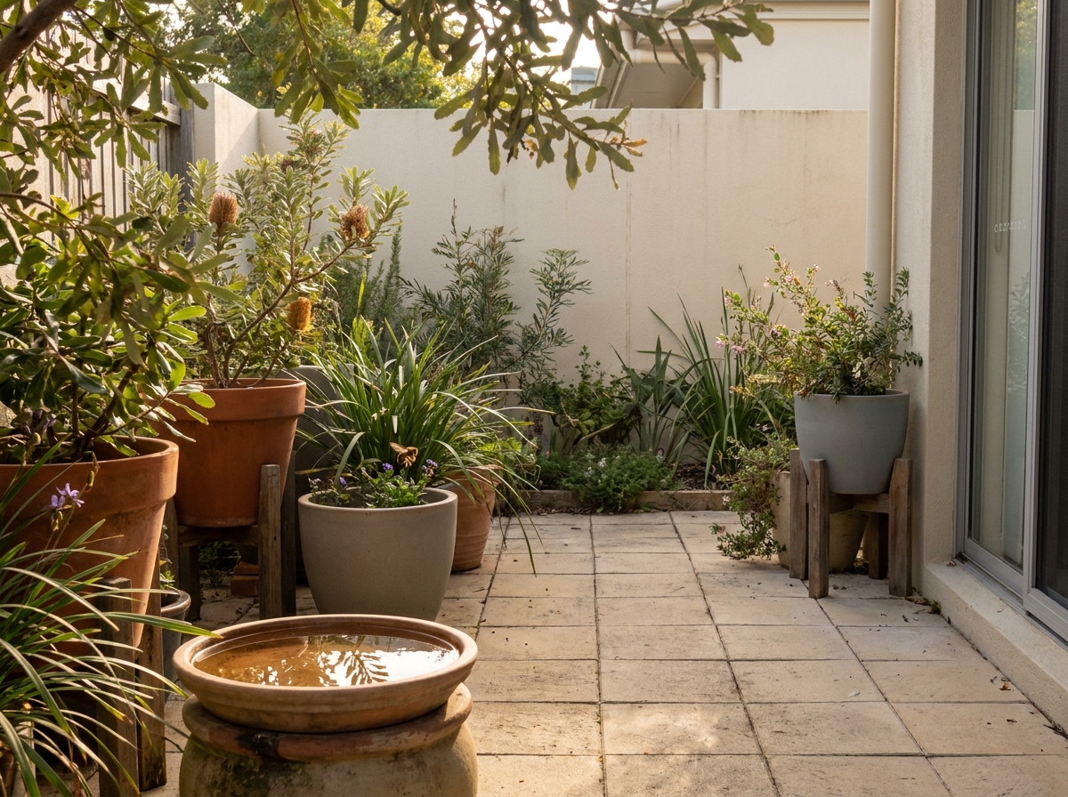 A small paved courtyard with native plants in terracotta and grey pots, a shallow water bowl on a stand, and a butterfly on a potted plant.