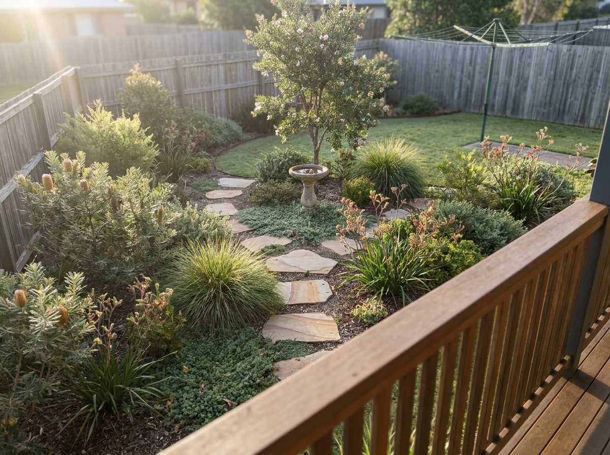A backyard seen from a deck, where curving native beds of shrubs, grasses and groundcovers surround a small tree, stepping stones and a bird bath.