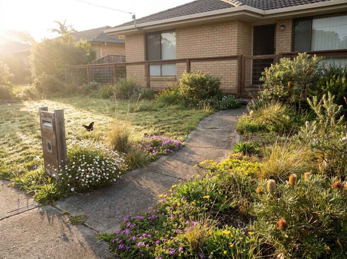 The front yard of a brick house, with native grasses, low flowering shrubs and groundcovers along the path, a letterbox, and a butterfly over the flowers.