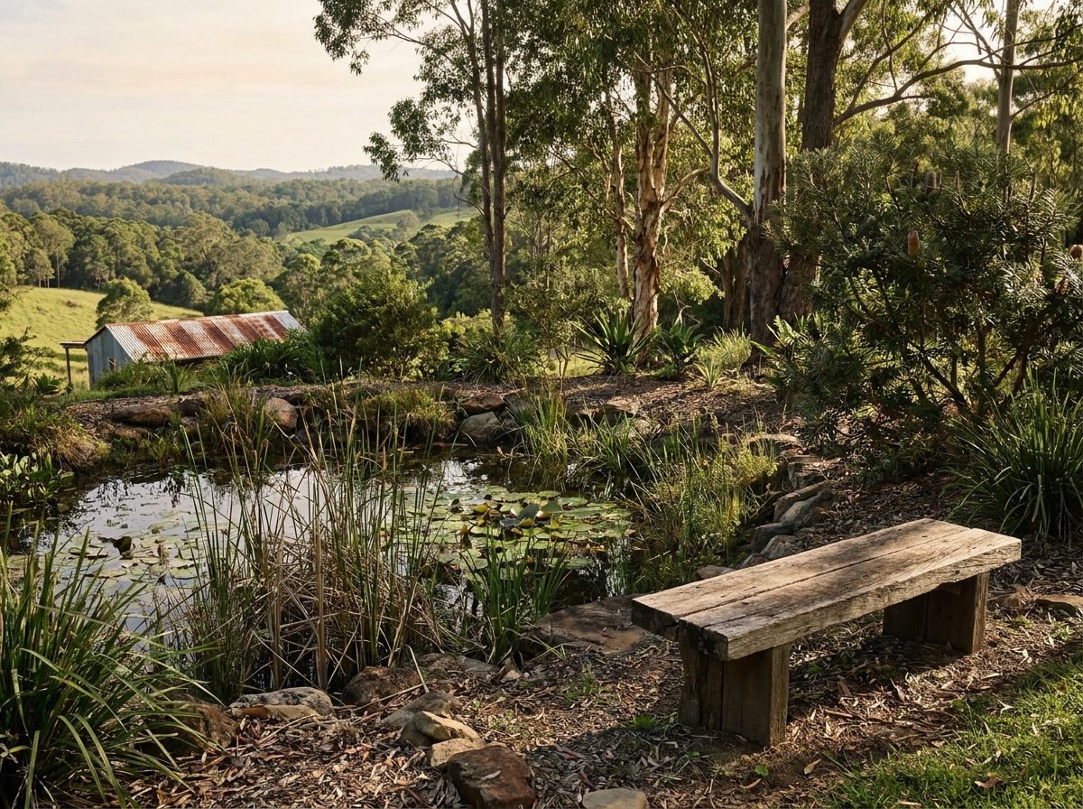 A larger hinterland block with tall gum trees, dense shrubs, a reed-edged pond and a timber bench, a shed and green hills beyond.