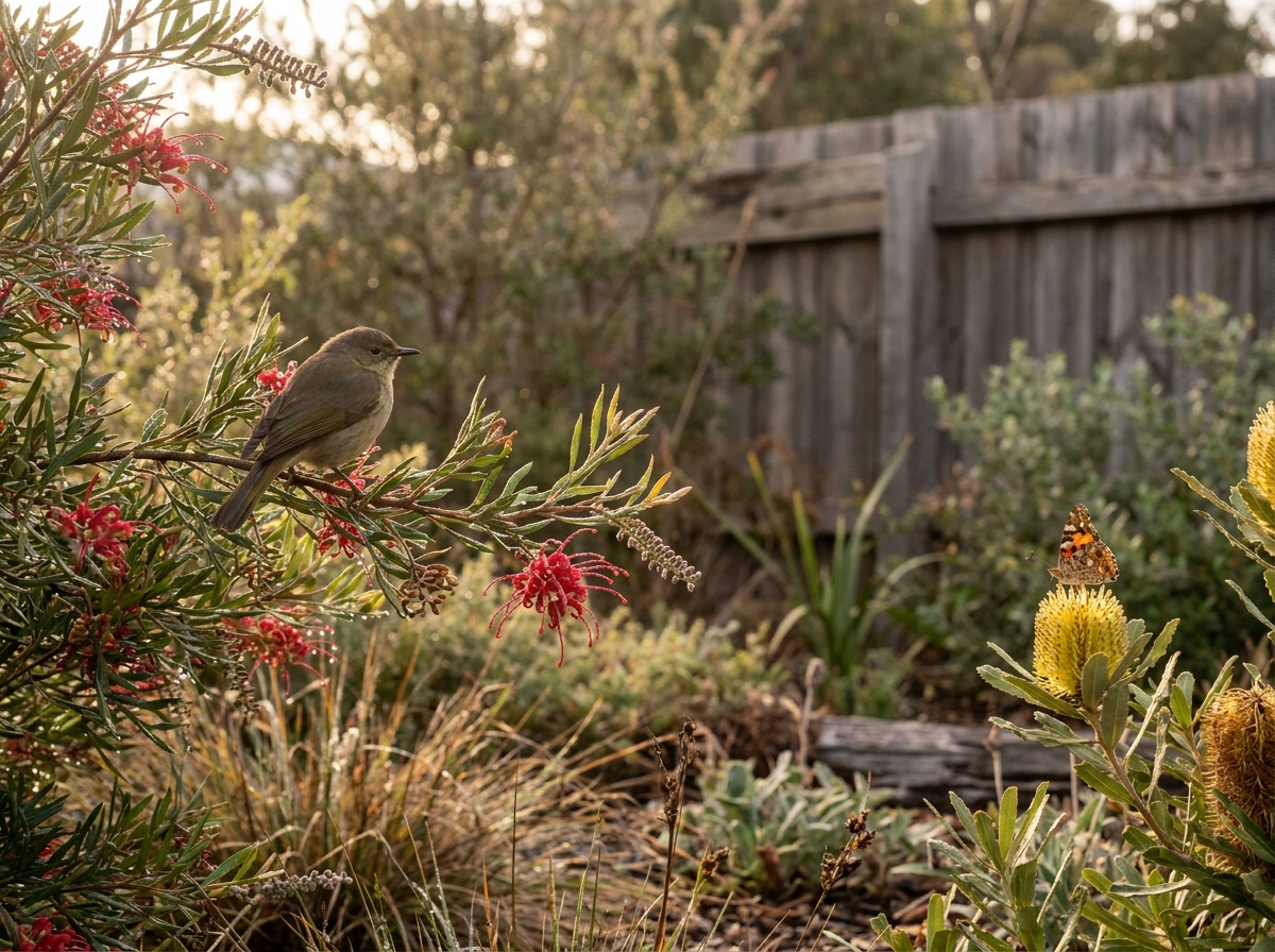 A small brown bird perched among red flowers on a native shrub, with a butterfly on a yellow flower spike nearby.