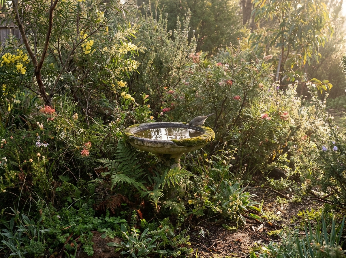 A stone bird bath among flowering native shrubs and ferns, with a small bird drinking at its rim.