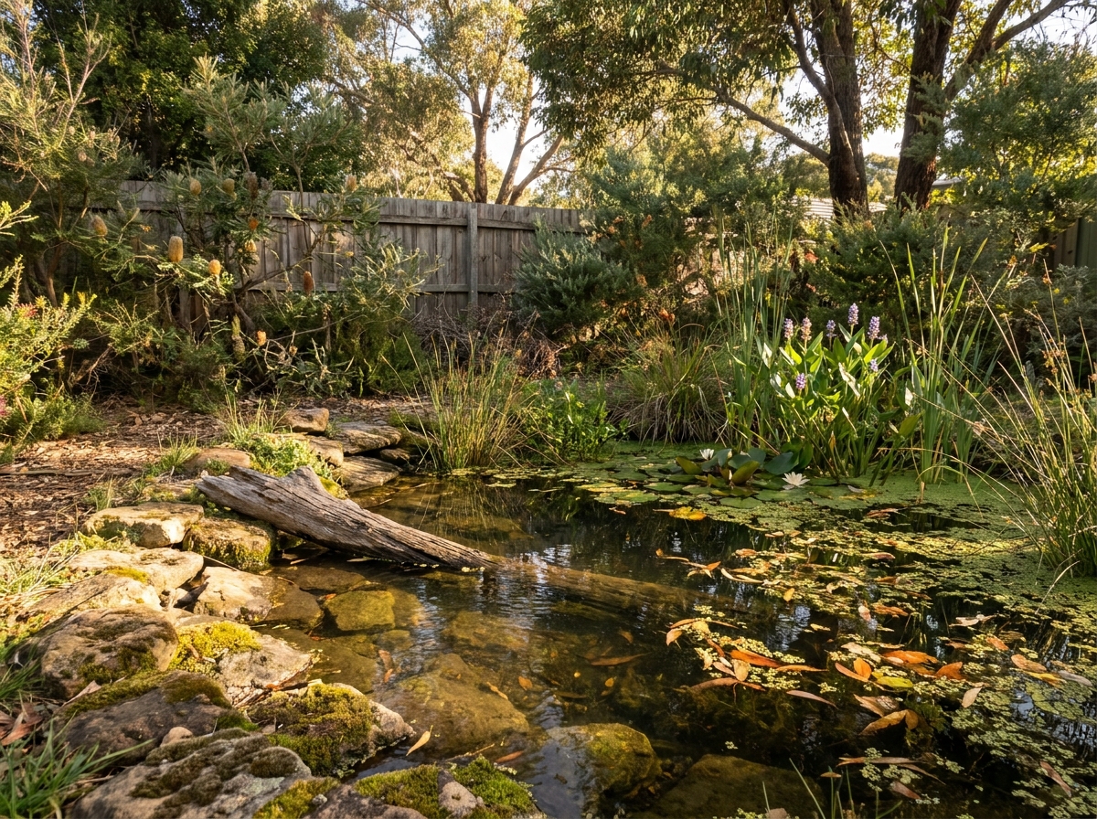 A small backyard pond with mossy rocks, a log at its edge, floating leaves, and reeds at one end.