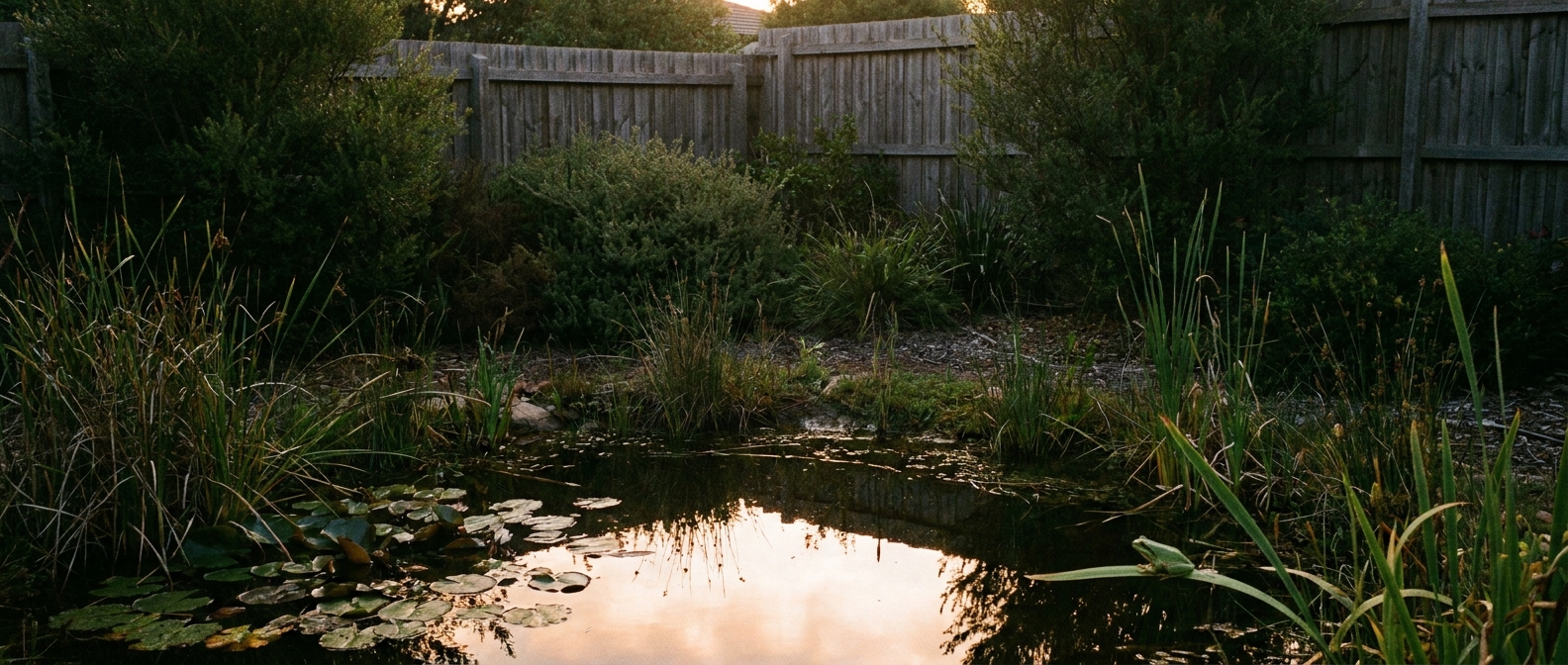 A backyard pond at dusk, with lily pads and reeds, and a small green frog on a leaf at the water's edge.
